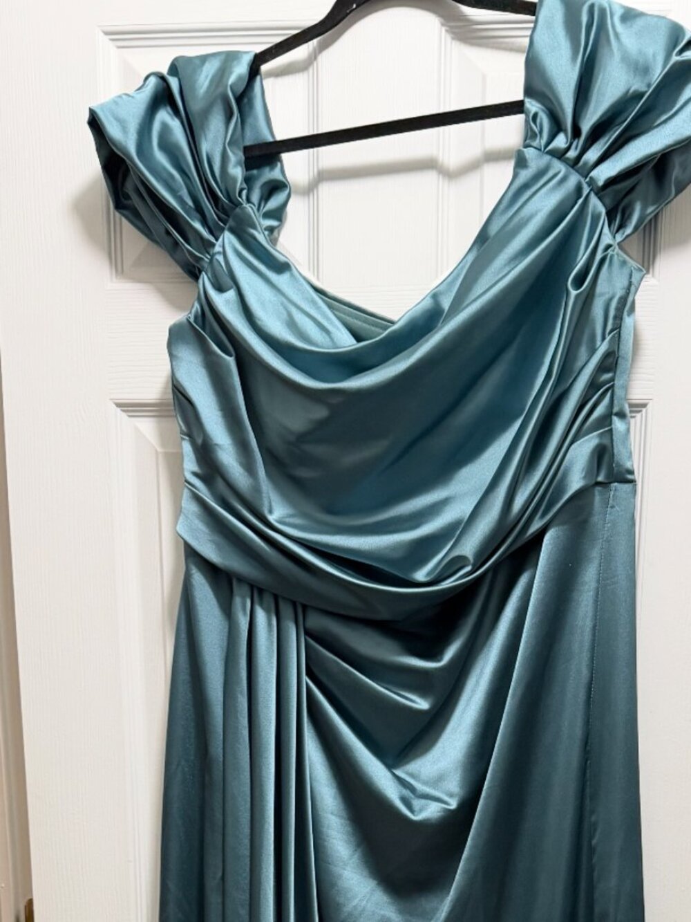 Teal Blue Satin Off the Shoulder Ruched Gown